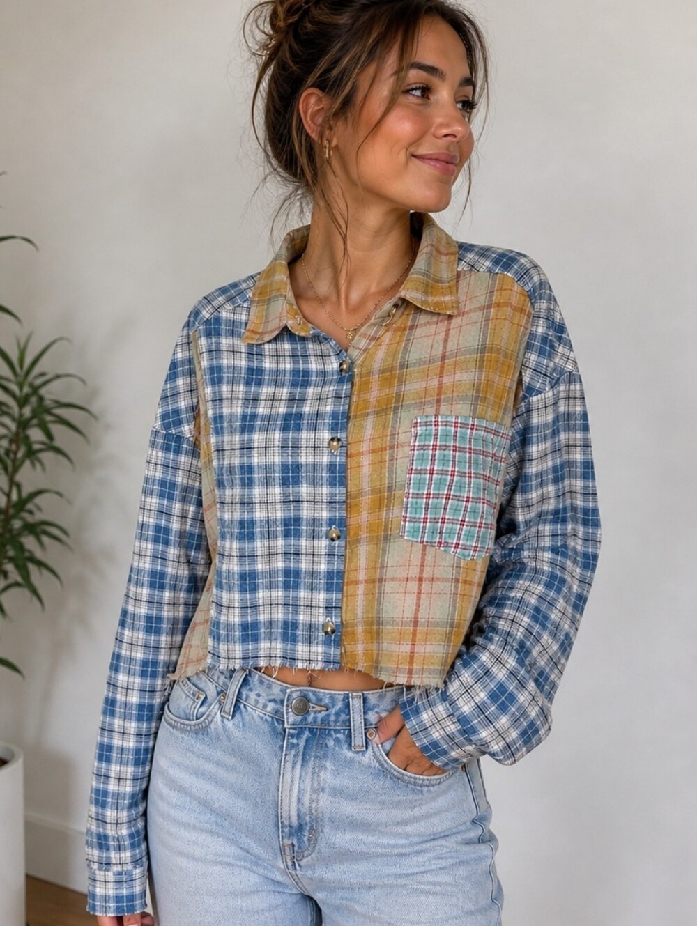 Papermoon Patchwork Flannel Oversized Cropped Cotton Soft Cabin Grunge Cozy M